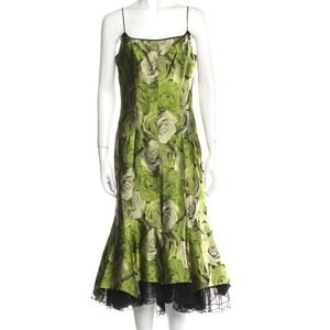 Carol Peretz Y2K Green Rose Brocade Midi Dress Whimsical Fairycore Goth Size M
